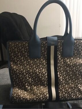 DKNY Blue Trim Monogram Tote Bag with Center Stripe